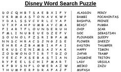 disney word search puzzle is shown in black and white, with the words below it