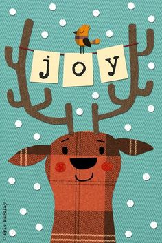 a christmas card with an image of a reindeer and the word joy hanging from it's antlers