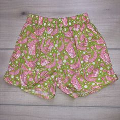 Lilly Pulitzer Pink & Green Shrimp Party Shorts. Size 5 girls. Pull on elastic waist. Soft cotton. Excellent Used Condition Cute Bottoms With Built-in Shorts For Playwear, Spring Swim Trunks With Elastic Waistband, Playful Beach Shorts With Elastic Waistband, Fun Bottoms With Built-in Shorts For Beach Season, Stretch Cotton Swim Trunks With Elastic Waistband, Fun Stretch Shorts For Beach, Fun Stretch Shorts For The Beach, Cute Summer Bottoms For Pajama Party, Playful Summer Shorts With Elastic Waistband