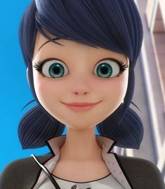 an animated girl with blue hair and green eyes looks at the camera while standing in front of a building