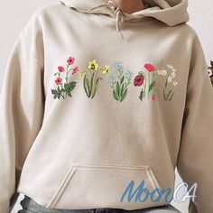 Wildflower Embroidered Sweatshirt, Floral Botanical Embroidery, Floral Embroidered Hoodie, Trendy sweatshirt Gift for her Gifts for friends  Firstly, Thank you for shopping with us!  Seeking a distinctive and personalized gifts that will leave a lasting impression? Look no further than our custom Renaissance portraits. We understand the importance of finding the perfect gift for any occasion. Whether it's a birthday, Valentine's Day, Christmas, Mother's Day, Father's Day, anniversary, or any oth Hooded Hoodie With Floral Embroidery For Spring, Casual Hooded Hoodie With Floral Embroidery, Spring Embroidered Hooded Hoodie, Embroidered Hooded Hoodie For Spring, Spring Embroidered White Hoodie, Floral Embroidery Long Sleeve Hoodie For Fall, Spring Hooded Sweatshirt With Embroidered Logo, Embroidered Hooded Sweatshirt For Spring, Hooded Embroidered Sweatshirt For Spring