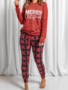 Fiery Red MERRY Christmas Graphic Top Plaid Pants Set Material: 97% Polyester + 3% Elastane Style: Casual Color: Red Pattern: Plaid Neckline: Round Neck Silhouette: Shift Sleeve Length: Long Sleeve Waist Line: High Waist Occasion: Home, Daily This fiery red MERRY Christmas graphic top paired with plaid pants set is the ultimate outfit to spread holiday cheer and stay cozy during the winter season. Crafted from a skin-friendly fabric blend, this lounge set includes a long-sleeved top featuring a Merry Christmas Graphic, Two Piece Loungewear, Red Plaid Pants, Matching Lounge Set, Christmas Look, Comfortable Pajamas, Christmas Graphic, Holiday Pajamas, Plaid Pajamas