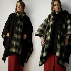 Vintage winter wool poncho / Reversible brown plaid checkered cape / Poncho coat with scarf / Beautiful winter wool poncho. One side is brown the other side is plaid. Both sides have pockets. Has attached scarf.  Approx length (measured flat): 87 cm (34.25'') Condition: very good vintage condition. Model in the photos is size 8UK/4US; 164 cm/5'5''  Due to camera and your monitor settings colors may appear slightly different than they are in real life. PLEASE read description. For better fitting Oversized Winter Cape, Oversized Winter Cape For Cold Weather, Cozy Long Sleeve Wool Cape, One Size Cape For Cold Weather, Oversized Cold Weather Cape, Wool Cape For Winter Weather, Wool Cape For Winter Cold Weather, Wool Shawl Outerwear For Winter, Wool Winter Cape For Cold Weather