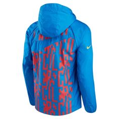 Grab this AWF full-zip jacket from Nike for a lightweight layer filled with Barcelona spirit. Its breathable fabric combined with raglan sleeves creates a sleek hoodie that's easy to move in. Plus, the water-repellent shell and durable fabric help protect you from wild weather. Best of all, the striking Barcelona graphics and sublimated design enhance your undeniable pride. Machine wash, tumble dry low Two side pockets Officially licensed Water-repellent Long sleeve Hood with drawstring Material Waterproof Hooded Track Jacket Sportswear, Waterproof Hooded Track Jacket, Outdoor Blue Hooded Jacket With Zipper Closure, Blue Hooded Jacket With Zipper For Outdoor, Nike Nylon Track Jacket With Drawstring Hood, Sporty Hooded Jacket With Ykk Zipper For Sports, Nike Hooded Windbreaker With Moisture-wicking, Nike Hooded Moisture-wicking Windbreaker, Nike Moisture-wicking Hooded Windbreaker