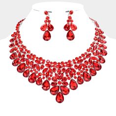 Formal Stone Crystal Beautiful Evening Statement Necklace Fashion Jewelry Set Necklace Size: 16" + 2.5" L Decor Size: 2.5" L Earring Size: 2" L Color: Red Red, Rhodium Silver Hardware R 19848 N Red Necklace For Valentine's Day Party, Crystal Necklaces For Valentine's Day Party, Red Costume Jewelry Necklaces For Party, Red Jewelry For Valentine's Day Party, Red Valentine's Party Jewelry, Red Crystal Jewelry Sets For Valentine's Day, Red Rhinestone Necklace For Party, Valentine's Day Costume Jewelry Necklaces For Parties, Glamorous Red Crystal Necklaces