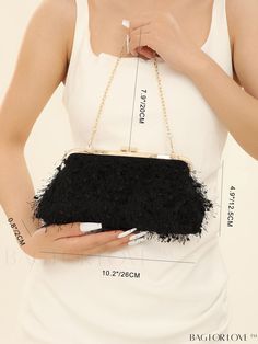 BagForLove - Chic Medium Chain Evening Bag with Clip Top - Perfect for Parties Product Description Color Black Details Fringe Magnetic No Strap Type Top Handle Bag Size Medium Style Glamorous Pattern Type Plain Type Square Bag Closure Type Kiss Lock Material Polyester Composition 100% Polyester Size Chart INCH CM Bag Height Bag Length Bag Width Handle Height Strap Length 0.8 inch 10.2 inch 4.9 inch 7.9 inch 46.5 inch Bag Height Bag Length Bag Width Handle Height Strap Length 2 cm 26 cm 12.5 cm 20 cm 118 cm Details Pictures Similar Products h2 { text-align: center; } /* æ¢è¡ */ li{ white-space: normal; word-break: break-all; word-wrap: break-word; } .red-box { width: 100%; display: flex; flex-direction: row; flex-wrap: wrap; justify-content: center; } .red-box > div { width: 190px; height Black Party Bag With Chain Detail, Black Party Bags With Chain Detail, Black Shoulder Bag With Chain Strap For Events, Black Bag With Chain Strap As Gift, Black Chain Bag Perfect For Gifts, Black Clutch With Chain, Black Chain Bag For Gift, Black Chain Bag As Gift, Black Clutch Bag With Chain