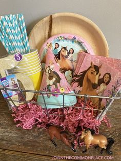 spirit riding free occasions bin basket of party supplies Girl Parties, Girls Birthday Party Themes, 5th Birthday Party Ideas, Girl Birthday Decorations