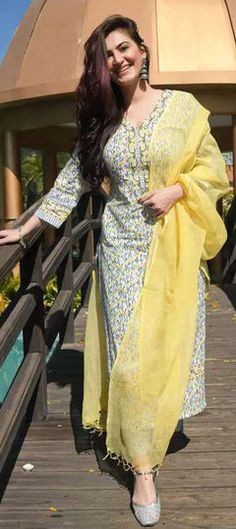 White and Off White, Yellow color Salwar Kameez in Cotton fabric with Printed work Yellow Dupatta, Cotton Salwar Kameez, Woman Outfit, White Kurta, Kurtis With Pants, Printed Kurti, Dupatta Set, Long Maxi Skirts, Indian Bollywood