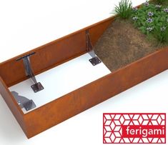 a wooden box with some plants growing out of it and the words ferigani above it