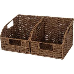 two brown wicker baskets sitting side by side