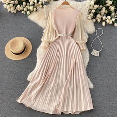 Olivia Mark - Professional Product Title: Chic Waist-Cinching Dress with Flared Pleated Skirt Pink Flowy Dress, Women Y2k, Short Lace Dress, Pleated Maxi Dress, Pleated Maxi, Crewneck Dress, Y2k Retro, Dress For Short Women, Flowy Dress