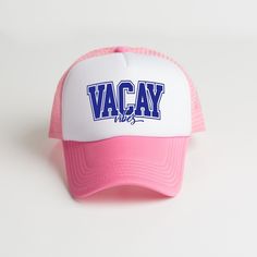 Looking for a cute hat to wear? Make sure to check out our foam trucker hats. These hats are one size fits most with an adjustable back snap and are the perfect addition to any casual outfit. Vacation Snapback Baseball Cap With Letter Print, Pink Casual Trucker Hat For Vacation, Trucker Hat With Curved Bill For Vacation, Casual Pink Trucker Hat For Vacation, Pink Summer Baseball Cap Dad Hat, Pink Dad Hat For Summer, Pink Baseball Cap Style Dad Hat For Summer, Pink Sports Hats For Summer, Casual Pink Snapback Hat For Beach