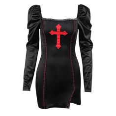 This moody dress featuring a gothic cross is the perfect centerpiece for any witchy outfit. Perfect for goths and Wiccans or anyone desiring a darker wardrobe flavor. Material: High Quality Polyester Fiber Blend Features: Pullover; puffy sleeves Available Colors: Black Available Sizes: S, M, L Recommended Occasions & Uses: Witch clothing, Wiccan clothing, gothic clothing, Steampunk clothing, costumes, cosplay, LARP, Halloween, party clothing, rave clothing, festival clothing, Renaissance festiva Witch Clothing, Wiccan Clothing, Bodycon Casual, Gothic Cross, Rave Clothing, Stitching Dresses, Black Dress With Sleeves, Gothic Clothing, Y2k Aesthetic Outfits