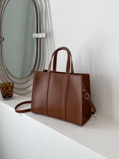 Brown Fashionable,Minimalist Collar  PU Leather Plain Square Bag Embellished   Women Bags Business Casual Bags Women, Elegant Bags Handbags, Handbag For Work, Elegant Bags For Women, Work Handbags For Women, Office Tote Bags For Women, Shein Bags, Work Bags For Women, Womens Work Bag