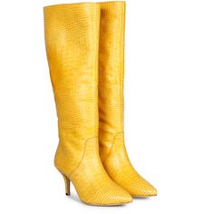 The Saint Adella yellow leather boot is a luxury that cleverly combines a stylish youthful outlook. These knee high boots have a emobssed leather upper and a pointed toe to add a touch of style to your everyday look. Made from the finest materials. Features a covered stiletto heel, stitching details with paneled finish. complete with leather & fleece lining, padded leather footbed with stamped logo. the gorgeous boot sit on a 2.9 inches stiletto heel. The approx. height of the boot is-18.5 Inche Yellow Pointed Toe Boots For Party, Yellow Pointed Toe Party Boots, Yellow High Heel Boots For Fall, Chic Yellow Boots For Fall, Yellow Leather Boots For Fall, Yellow Leather Boots With Pointed Toe, Leather Long Boots, Long Leather Boots, Stitching Details