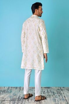 Ivory chanderi jacquard silk kurta with all over multi color leaf print, metallic woven highlights and thread embroidered placket. Paired with contrast pyjama. - Aza Fashions Wedding Sherwani With Printed Motifs In White, White Wedding Sets With Traditional Fit, White Traditional Fit Festive Sets, White Kurta With Printed Motifs For Wedding, White Wedding Kurta With Printed Motifs, White Printed Wedding Kurta, White Traditional Wear With Printed Motifs For Festive Season, Festive White Traditional Wear With Printed Motifs, Elegant White Traditional Wear With Printed Motifs