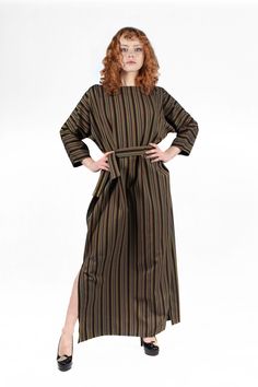 A unique, one-of-a-kind striped kimono-sleeved summer dress, perfect for a party, festival or just casual wear. The dress design is inspired by the art of the break of 19th/20th centuries in Vienna, especially by the works of the Wiener Werkstatte. Made of 100% natural wool It is super comfortable and provides a feeling of freedom. The loose cut can be tamed with a matching wrap-belt, for when you need a little more control. Dress measurements: Size: S/M Lenght: 138 cm / 54,33 in (measured from hem to shoulder) Hem circumference: 124 cm / 48,82in It is also possible to order a similar-cut dress made with different fabric/color/patterns/decorations (custom sized to your measurements) - contact us to place your order. The final price may vary depending on the details of your order and materi Striped Long Sleeve Maxi Dress For Summer, Long Sleeve Striped Maxi Dress For Summer, Spring Striped Long Sleeve Maxi Dress, Casual Long Striped Dresses, Striped Long Sleeve Midi Dress For Beach, Long Sleeve Striped Midi Beach Dress, Striped Long Sleeve Kaftan For Summer, Striped Long Sleeve Summer Kaftan, Casual Long Sleeve Striped Dress