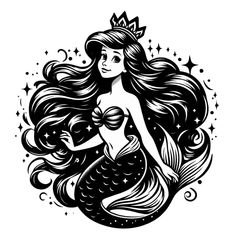 a black and white drawing of a mermaid with long hair, wearing a tiara