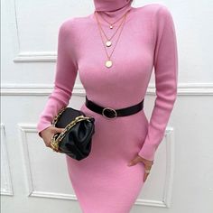 Ribbed Turtle Neck Sweater Dress Pink Bodycon Sweater Dress For Spring, Chic Slim Fit Bodycon Dress For Winter, Chic Winter Slim Fit Bodycon Dress, Non-stretch Winter Bodycon Dress, Winter Knee-length Non-stretch Bodycon Dress, Fitted Bodycon Dress For Winter Workwear, Fitted Bodycon Dress For Work In Winter, Winter Workwear Fitted Bodycon Dress, Trendy Slim Fit Dress For Winter