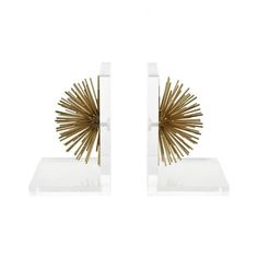 Elk Home-351-10564/S2-Collection: Glint, Material: Metal, Finish Color: Gold, Width: 6", Height: 8", Desc: Glint Bookends / Acrylic base / sunburst design / soft antique gold finish / Style: Modern/Contemporary / Substyle: Luxe/Glam/Eclectic. ,-Glint - Modern/Contemporary Style w/ Luxe/Glam inspirations - Acrylic and Metal Bookend (Set of 2) - 8 Inches tall 6 Inches wide Size: 5.9" W x 4.5" D x 7.7" H. Modern Contemporary Style, 7 And 7, Desk Organization, 7 H, Gold Finish, Antique Gold, Elk, Bookends, Modern Contemporary