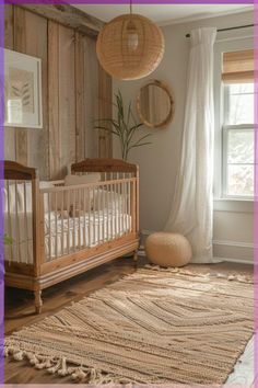 a baby's room with a crib, rug and window