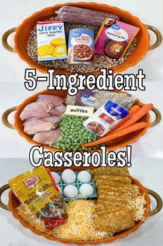 an assortment of different types of food in two trays with the words, 5 ingredient casseroles