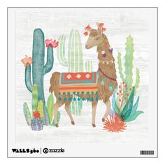 a llama standing next to a cactus and cacti on a white background