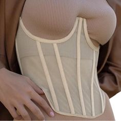 Size Large Beige Sleeveless Corset With Built-in Bra, Beige Fitted Corset With Built-in Bra, Partially Lined Underbust Corset, Summer Bandage Underbust Corset, Summer Underbust Bandage Corset, Stretch Underbust Corset Bra-friendly, Summer Beige Underbust Corset, Underbust Mesh Corset, Fitted Mesh Corset For Summer