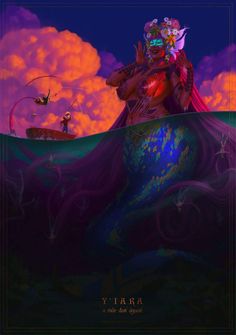 a painting of a mermaid sitting on top of a blue and purple boat in the ocean