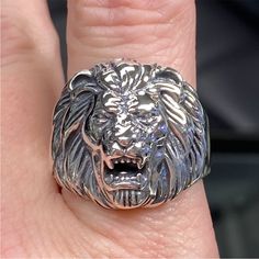 Men's Hand Carved Roaring Lion Head Ring In 925 Sterling Silver New!! Original Tags & Gift Box! Size: 10 High End Craftsmanship, Designer Retail Price: $330 Nice, Heavy, Substantial Ring #080135 Stunning Craftsmanship On Hand Carved Designer Ring!! The Attention To Detail In The Carving Of The Lion’s Head Is Amazing!! It’s Truly A Work Of Art Itself!! The Roaring Lion Represents Courage, Power, Strength, And Leadership. Perfect For Bikers, Military, Patriotic Individuals, Detroit Lion Fans, And Roaring Lion, Jewelry Mens, Head Ring, Sterling Jewelry, Mens Accessories Jewelry, Mens Ring, Lion Head, Animal Lovers, Gifts For Husband