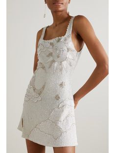 CLIO PEPPIATT Lucina embellished stretch-mesh mini dress | NET-A-PORTER Beaded Mini Dress White, Champagne Graduation Dress, Short White Beaded Dress, White Sparkly Mini Dress, Cleo Peppiatt Dress, Little White Dress Bridal, Mini Wedding Dress Short, White Bridal Outfits, Unique Reception Dress