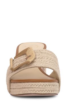 An oversized buckle details the vamp of an espadrille-inspired slide sandal lifted by a jute-wrapped platform and block heel. 3" heel; 3/4" platform Textile upper/synthetic lining/rubber sole Imported Summer Wedge Heel Clogs With Heel Loop, Chic Straw Sandals With Stacked Heel, Beige Buckle Closure Wedge Sandals For Summer, Spring Natural Wedge Sandals With Block Heel, Spring Natural Color Wedge Sandals With Block Heel, Beach Wedge Heel Mules With Stacked Heel, Beach Mules With Stacked Wedge Heel, Beach Wedge Heel Clogs With Heel Loop, Vacation Block Heel Wedge Sandals With Heel Loop