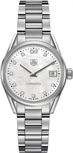 WAR1314.BA0778 TAG HEUER CARRERA WOMEN'S WATCH - With Manufacturer Serial Numbers - Swiss Made - Mother of Pearl White Dial Set with Diamonds - 12 Top Wesselton Diamond Hour Markers - Total Diamond Weight: .10ct - Minute Markers Around Outer Rim - Polished Stainless Steel Bezel - Date Feature     Hand-Applied Date Window Located at 3 O'Clock Position - End of Life Indicator (EOL) - Battery Operated Quartz Movement - 3 Year Warranty - Guaranteed Authentic - Certificate of Authenticity - Manufacturer Box & Manual - Polished Stainless Steel Case - Polished with Brushed Stainless Steel Bracelet - Scratch Resistant Sapphire Crystal - 100 Meters / 330 Feet Water-Resistant - 32mm = 1 1/4" Case, 6" Adjustable Bracelet - Case Thickness: 9mm - Inlet Size: 15mm - Fixed Bezel - Stainless Steel Solid C Tag Heuer Women, Carrera Watch, Heuer Carrera, Swiss Army Watches, Tag Heuer Carrera, Tag Heuer Watch, Rose Gold Watches, Free Bracelet, Casual Watches