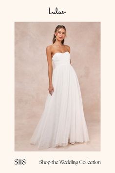 a woman in a white wedding dress with the words shop the wedding collection