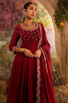 Maroon soft chanderi anarkali with hand embroidery on the yoke and sleeves. Paired with a palazzo with hand embroidery. - Aza Fashions Designer Semi-stitched Anarkali Set With Resham Embroidery, Designer Semi-stitched Resham Embroidered Anarkali Set, Anarkali Kurta With Resham Embroidery In Chinon, Chinon Anarkali Set For Reception With Straight Kurta, Designer Eid Anarkali Set With Resham Embroidery, Designer Chinon Anarkali Set With Straight Kurta, Chinon Straight Kurta Anarkali Set For Designer Wear, Semi-stitched Anarkali Set With Resham Embroidery In Chinon, Resham Embroidered Chinon Anarkali Set For Diwali