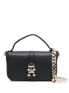 black gold-tone logo plaque gold-tone hardware partitioned compartment internal card slots foldover top single flat top handle chain-link shoulder strap Classic Rectangular Bags With Metal Logo, Chic Wallet On Chain With Metal Logo For Everyday, Elegant Crossbody Bag With Logo Hardware, Chic Rectangular Shoulder Bag With Logo Hardware, Formal Rectangular Flap Bag With Gold-tone Logo, Leather Wallet On Chain With Branded Hardware, Luxury Rectangular Wallet On Chain With Gold-tone Logo, Classic Rectangular Shoulder Bag With Metal Logo, Modern Rectangular Bag With Gold-tone Logo Plaque