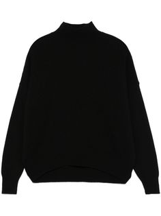 black cashmere knitted construction high neck drop shoulder long sleeves ribbed trim high-low hem Oversized Fine Knit High Neck Sweater, Oversized High Neck Fine Knit Sweater, High Neck Cashmere Sweater With Ribbed Collar, Cashmere High Neck Turtleneck, Cashmere Funnel Neck Polo Sweater, High Neck Cashmere Sweater In Fine Knit, Black High Neck Cashmere Top, Black High Neck Sweater With Ribbed Cuffs, Black High Neck Turtleneck With Ribbed Collar