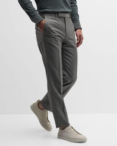 ZEGNA Men's Trofeo Sharskin Trousers | Neiman Marcus Slim Fit Business Trousers, Business Slim Fit Trousers, Tapered Leg Bottoms With Concealed Placket For Business Casual, Slim Fit Full Length Business Casual Pants, Slim Fit Full Length Pants For Business Casual, Slim Fit Straight Leg Business Casual Pants, Slim Fit Straight Leg Pants For Business Casual, Tailored Tapered Leg Pants For Tailoring, Slim Fit Full Length Dress Pants For Semi-formal Occasions