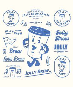 a blue and white poster with various types of coffee related items on the bottom right hand corner