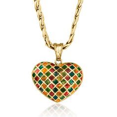 Ross-Simons - C. 1960 Vintage Multicolored Enamel Puffed Heart Pendant Necklace. 20". C. 1960. Artful in the most unique way, our Estate collection necklace features a captivating puffed heart pendant splashed with a chic checkerboard of multicolored enamel. Finely crafted in polished 18kt yellow gold and suspended from a substantial rope chain. Lobster clasp, multicolored enamel puffed heart pendant necklace. Exclusive, one-of-a-kind Estate Jewelry. Jewelry Presentation, Antique Jewelry Necklace, Gold C, Puffed Heart, Fine Jewelery, Natural Gold, Fine Jewellery Necklace, Heart Pendant Necklace, Rope Chain