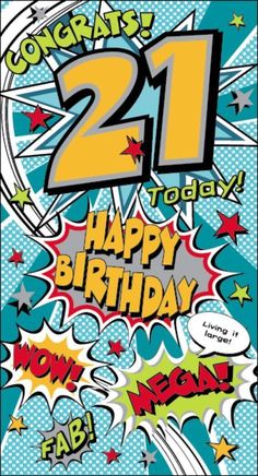 a 21st birthday card with the number twenty and stars in comic style pop art on it