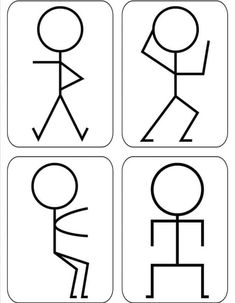 four different stick figures with one man holding the other's head and another person walking