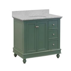 a bathroom vanity with a marble top and two drawers on the bottom, in green