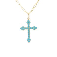 "This finely handcrafted necklace is composed of genuine AAA quality natural real Turquoise gemstones and 14K solid gold. This pendant is complemented by a matching 14K solid gold adjustable open link style chain. This design is also available to be purchased as a charm alone without the chain. ♦ Cross Dimensions: approximately 18mm (W) x 30mm (L) including the bail ♦ Bail Size: approximately 6mm diameter ♦ Metal Finish: High Shine Polish ♦ This design is available in Rose, White and Yellow 14K Solid Gold Charms, Rose Gold Charms, Turquoise Cross, Real Turquoise, Gold Charm Necklace, Handcrafted Necklace, Turquoise Gemstone, Gold Charm, Jewelry Gift Box