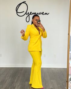 Custom Yellow Power Suit – Oyemwen Fitted Two-piece Suits With Long Sleeves, Fitted Two-piece Long Sleeve Suits, Fitted Two-piece Party Suits, Fitted Two-piece Long Sleeve Blazer, Chic Fitted Sets With Suit Collar, Tailored Two-piece Long Sleeve Suit, Formal Fitted Blazer, Formal Two-piece Long Sleeve Suits, Formal Fitted Two-piece Blazer