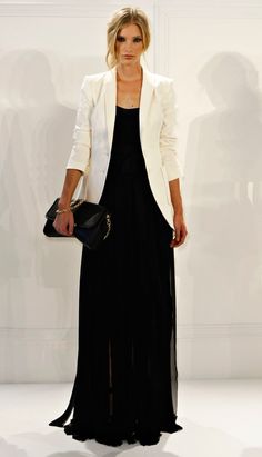 nice Maxi Dress With Jacket, Rachel Zoe Style, Maxi Dress Outfit, Long Black Dress, Blazer Outfits, White Jacket, Rachel Zoe