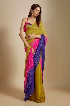 Mustard, multi colored saree in ombre effect. Comes with multi colored hand embroidered blouse. - Aza Fashions Festive Multicolor Pre-draped Saree With Unstitched Blouse, Fitted Multicolor Pre-draped Saree For Festivals, Multicolor Pre-draped Saree With Zari Work, Multicolor Pre-draped Saree For Diwali, Fusion Style Blouse Piece For Diwali, Fusion Blouse Piece For Diwali, Fitted Multicolor Pre-draped Saree With Zari Work, Fitted Multicolor Pre-draped Saree For Festive Occasions, Festive Multicolor Fitted Saree