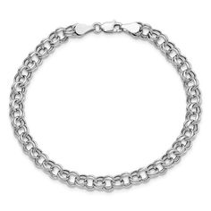 Rhodium over 10k white gold 5mm diamond-cut double link charm bracelet with a lobster claw clasp. Classic Sterling Silver Bracelet With Charms, Classic White Gold Oval Link Charm Bracelet, Classic White Gold Charm Bracelet With Sterling Silver Clasp, Classic White Gold Charm Bracelet With Silver Clasp, Classic Round Charm Bracelet With Polished Finish, White Gold Sterling Silver Curb Chain Bracelet, Classic White Gold Charm Bracelet With Lobster Clasp, Classic White Gold Charm Bracelet With Polished Finish, White Gold Round Rolo Chain Bracelet