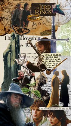 the lord of the rings collage with pictures and words on it's side