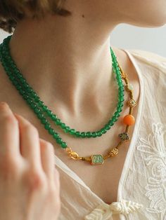 Multi-element Green Onyx Long Detachable Necklace - floysun Detachable Necklace, Edison Pearls, Onyx Bead, Tiger Eye Stone, Gold Accessories, Green Onyx, Recycled Gold, Ring Bracelet, Necklace Designs